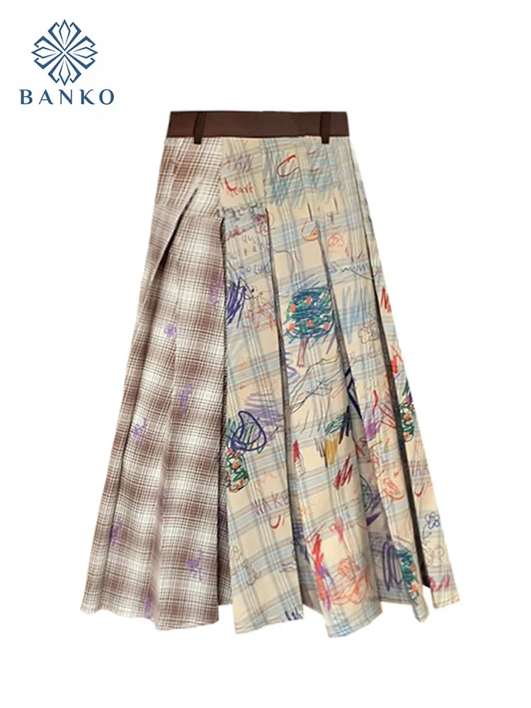 Neue Frauen Mode Plaid Falten Rock Patchwork Casual Kontrast Farben A-linie Rock Asymmetrische 2000er Jahre Ästhetische High Street Image
