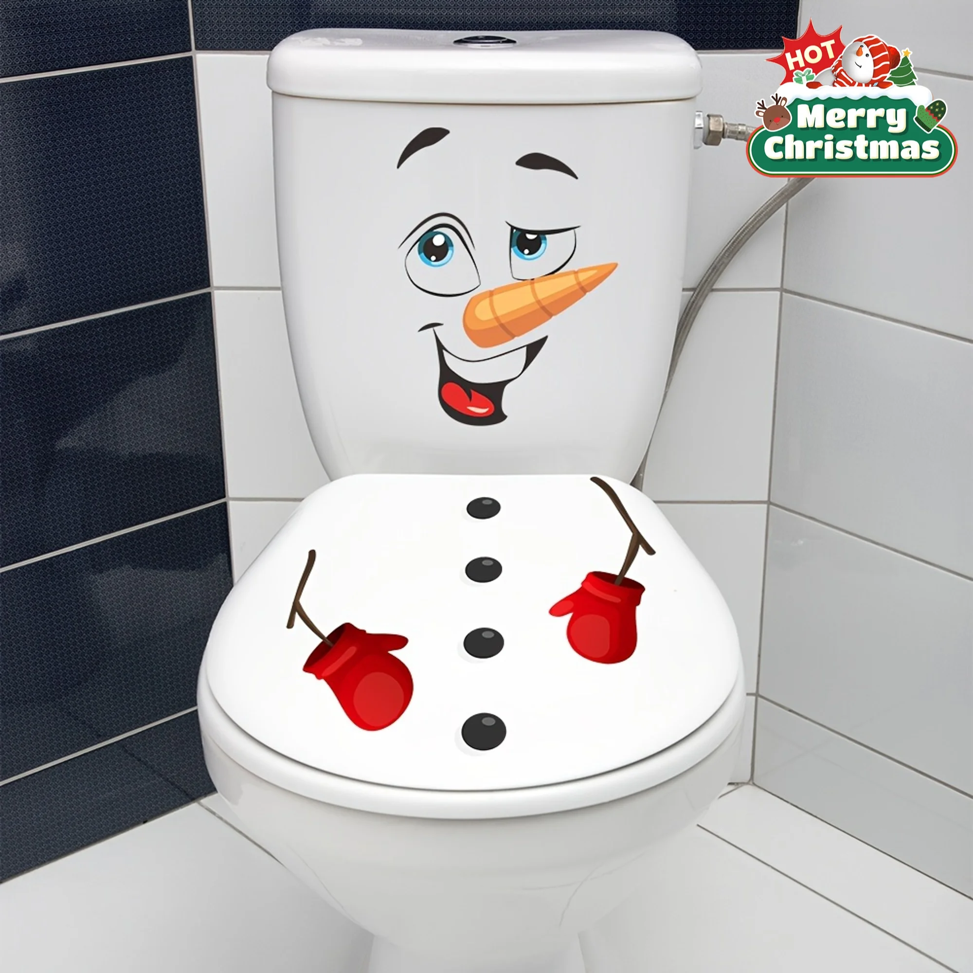 Weihnachts-Schneemann-Toilettendeckel-Aufkleber – wasserdichter, selbstklebender PVC-Badezimmer-Aufkleber für festliche Feiertagsdekoration, ideal für Weihnachten Image