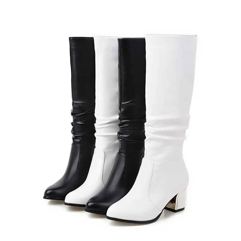 Dame Plus Größe 32 33 43 26 cm Schwarz Weiß Motorrad Knie Stiefel Leder Pull On Lange Botas High Heel Kurze plus Warme Schuhe Winter