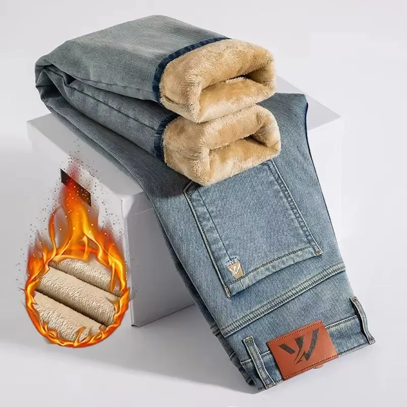 2025 Winter Neue Herren Fleece Verdickte Jeans Retro Blau Hot Gerade Casual Hosen Stretch Premium Samt Warme Denim Hosen