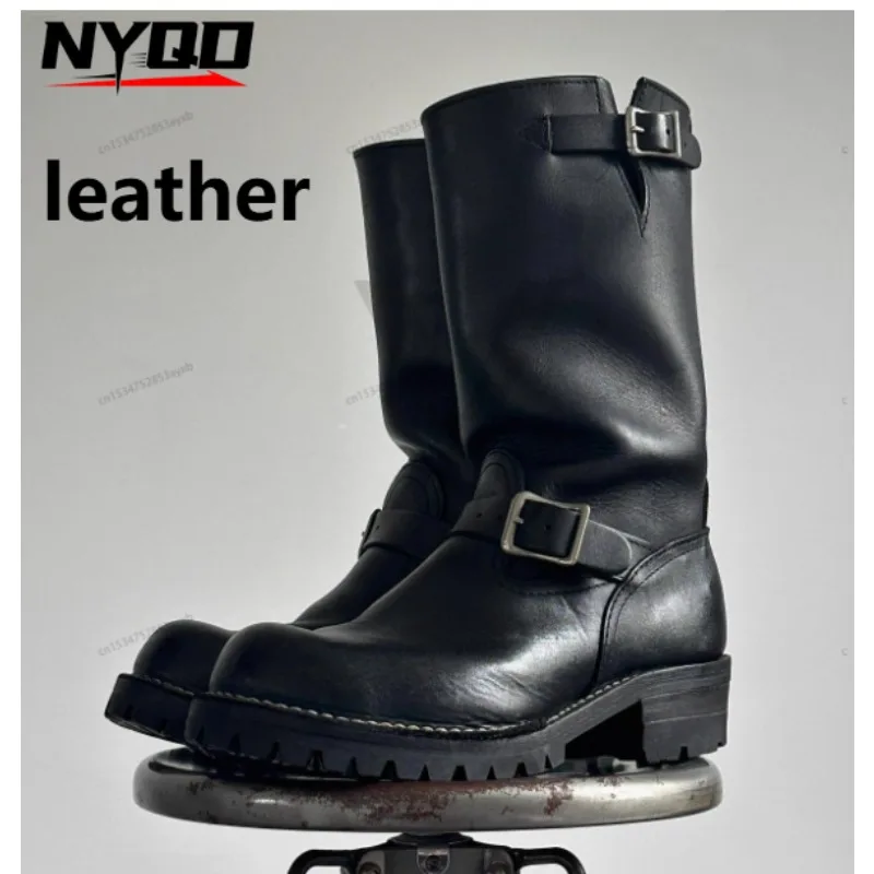 Retro Motorradstiefel Herren Black Knight Schuhe Schwarzes Leder Gürtelschnallen Chelsea Stiefel Trendige Luxus handgefertigte Herrenschuhe