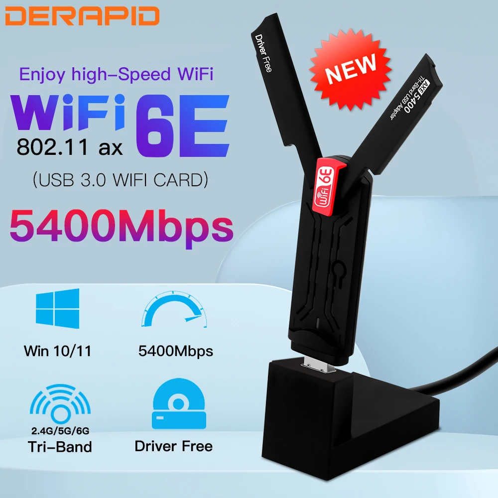 WiFi6E AX5400 USB 3.0 Wireless-Adapter 2,4 GHz/5 GHz/6 GHz Wi-Fi-Booster mit High-Gain-Antenne für PC/Laptop Win10/11 Treiber kostenlos Image
