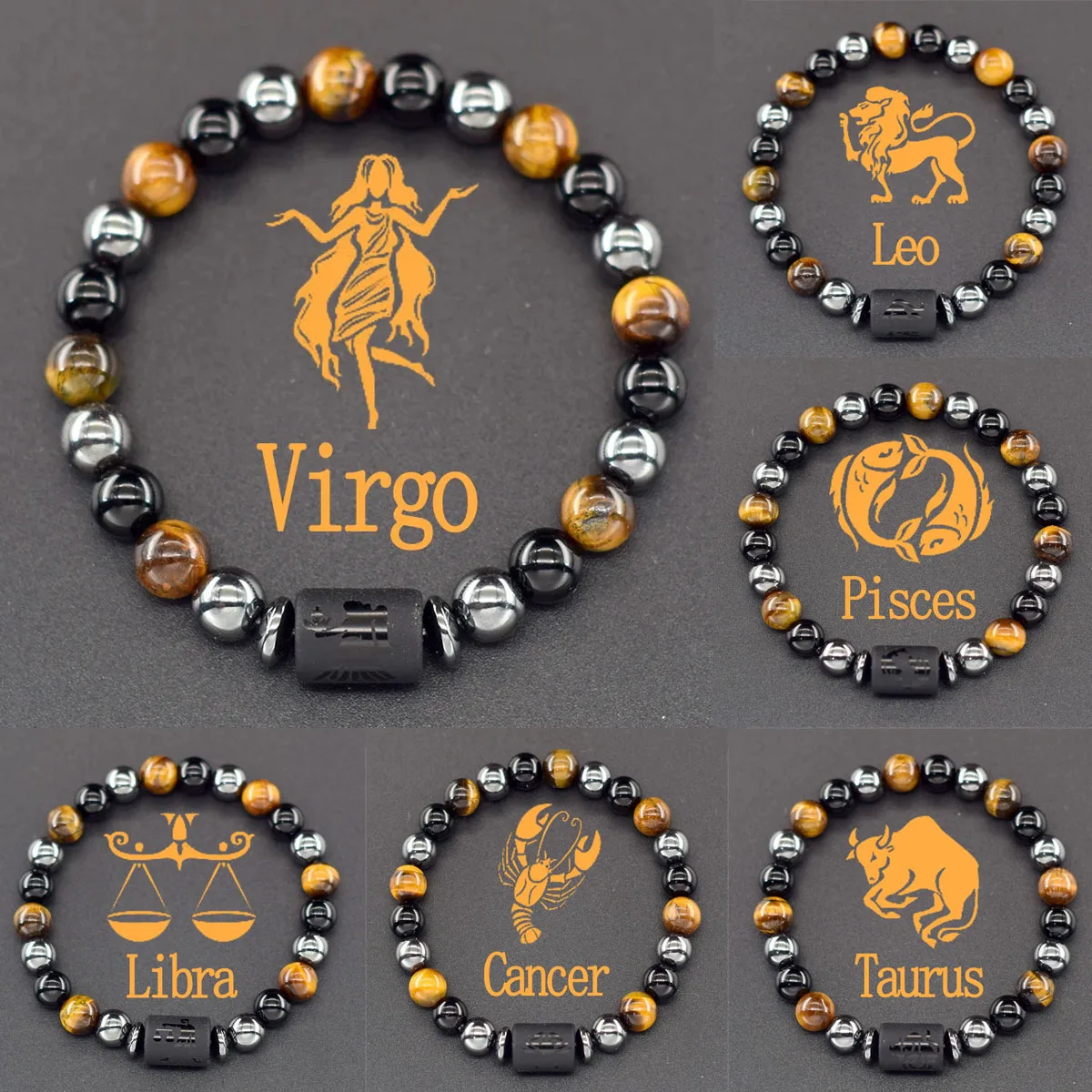 12-Sternzeichen-Armband für Herren, Sternbild-Armband für Herren, Widder, Jungfrau, Löwe, Waage, Charm-Armreif, Energie, Schwarz, Pulseras Homme Image