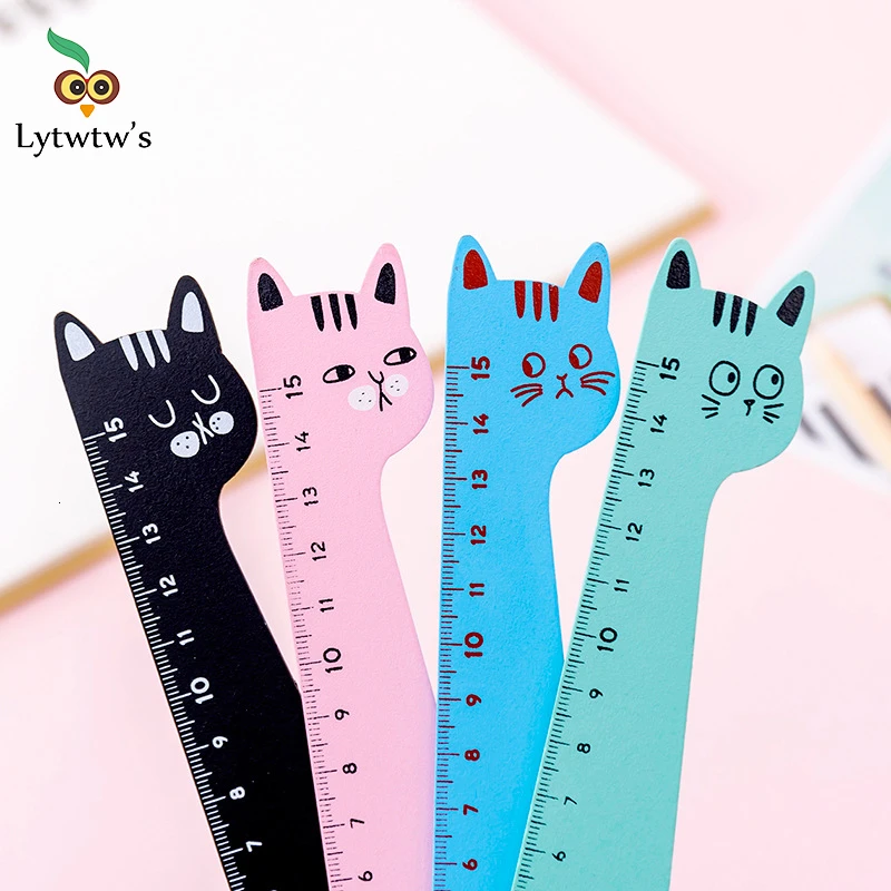 1–4 Stück Katze, Bonbonfarben, Kawaii-Briefpapier, Cartoon, Zeichnung, Geschenk, Büro, Schule, Kätzchen, gerades Holzlineal Image