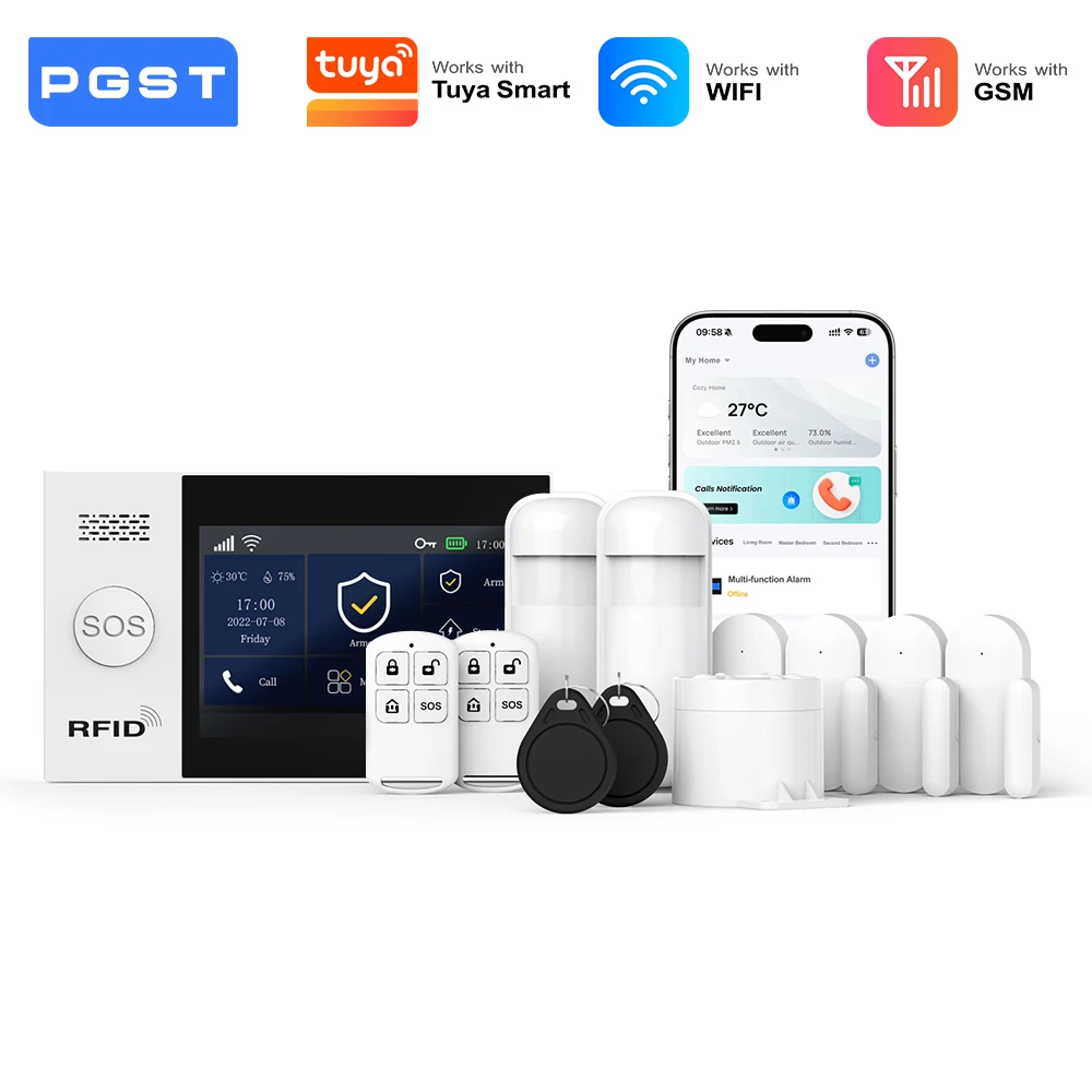 PGST intelligente Einbruchmelder Komplettset WiFi 2G GSM Works with Tuya Smart Life kabellose Heim Sicherheit Fernsteuerung per App Öffnungssensoren ohne laufende Kosten Image