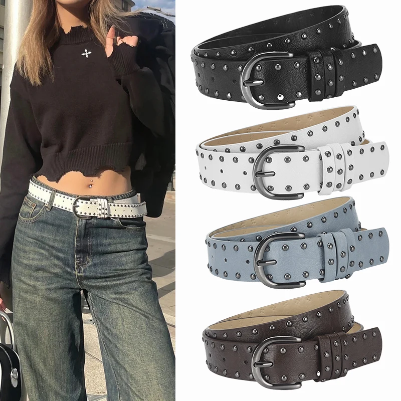 Weißer PU-Leder-Punk-Damengürtel Gothic Retro Hip Hop y2k Mädchengürtel Einfaches Design Nietennadelschnalle Schwarzer Bund