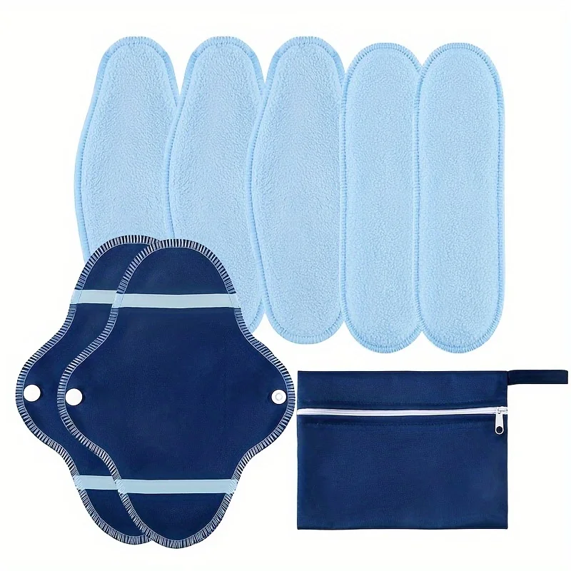 Hochabsorbierende 8 wiederverwendbare Damenbinden – blaues Polarfleece, waschbare Perioden-Slipeinlagen mit Aufbewahrungstasche Image