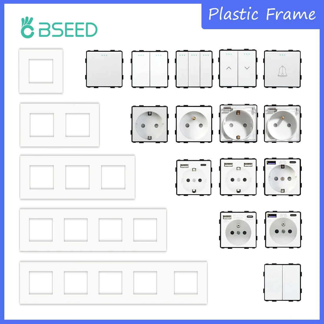 Bseed matte kunststoff rahmen eu/französisch steckdose stecker typ-c usb steckdosen mechanische knopfsc halter funktion teile nur