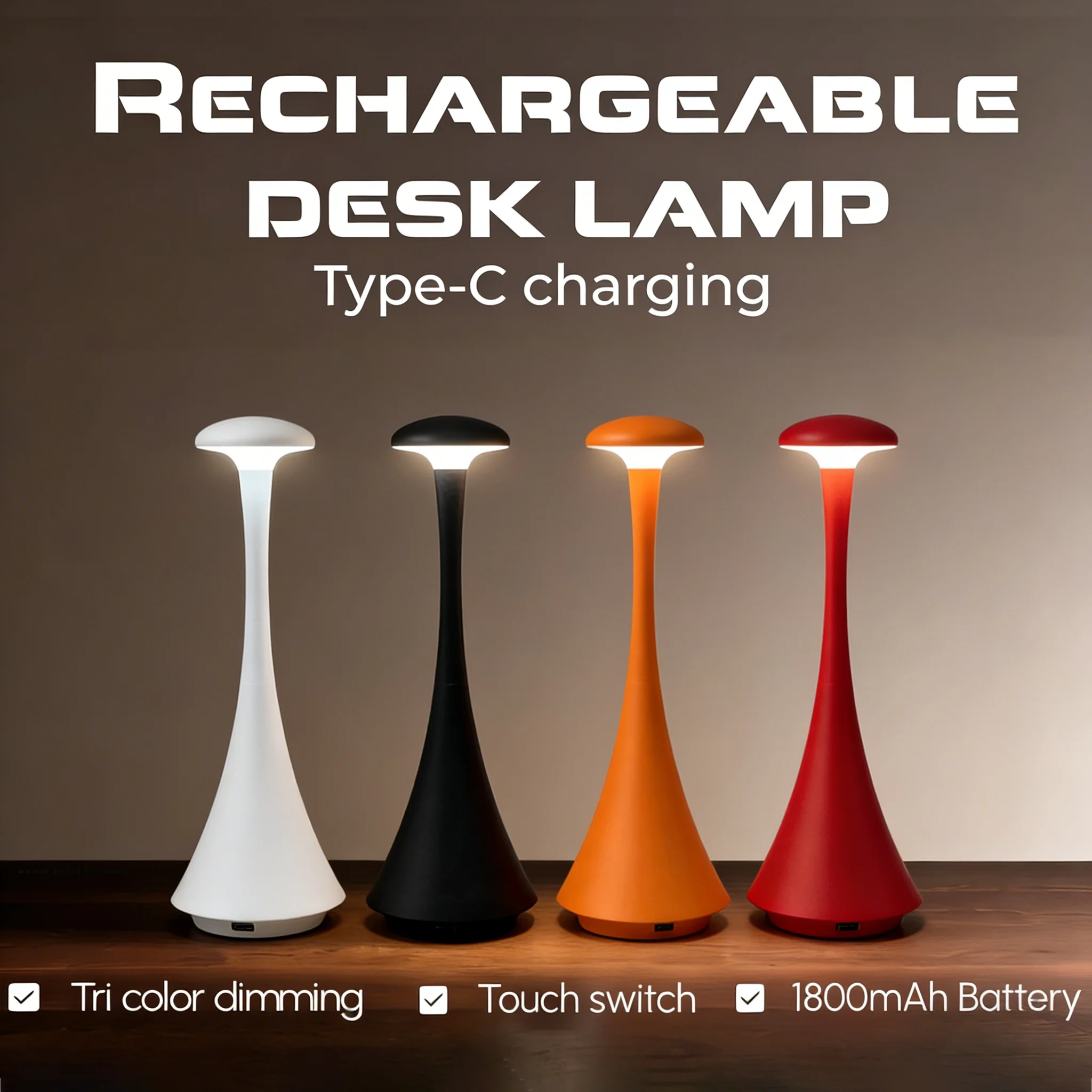 Nachtlampe, wiederaufladbar, kabellos, Touch-Lampe, kreative Lampe, USB-C, Schreibtischlampe, Hotel, Schlafzimmer, Atmosphärenlicht, 3 Farben