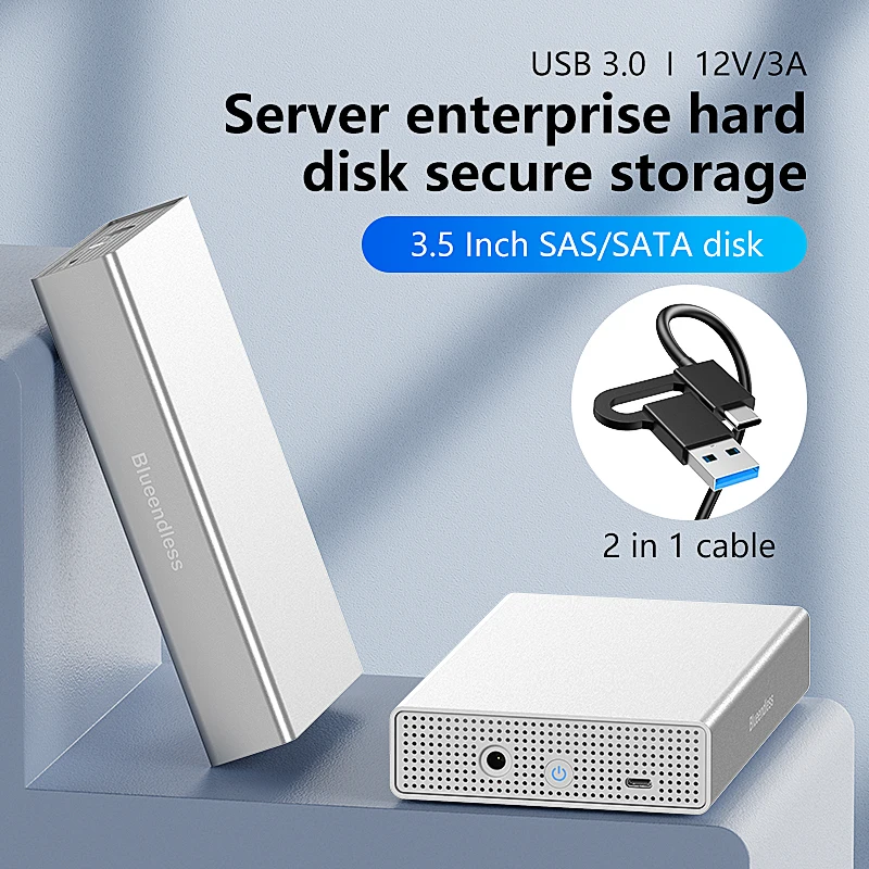 Blueendless SAS-Festplattengehäuse USB C auf 2,5/3,5 Zoll SAS/SATA HDD-Box unterstützt maximal 20 GB Feststellengeschwindigkeit, 5 Gbit/s externes Festplattengehäuse Image