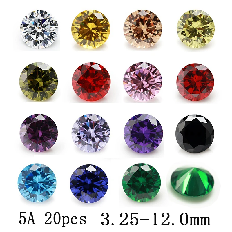 20 Stück 5A Größe 3,25–12,0 mm runder Zirkonia-Stein, loser CZ-Synthetik-Edelstein, weiß, grün, Tansanit, schwarz, rosa Granat