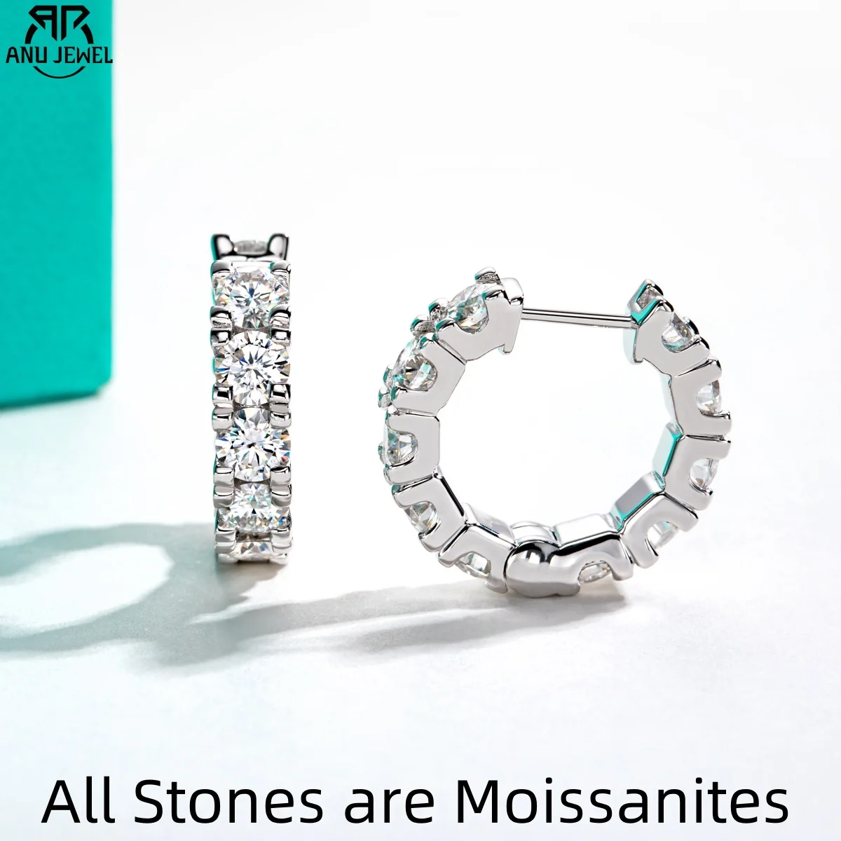 AnuJewel 2,6 cttw (3 mm)/6 cttw (4 mm) D Farbe Moissanit Creolen 925 Sterling Silber Luxus Huggie Ohrring für Frauen Schmuck