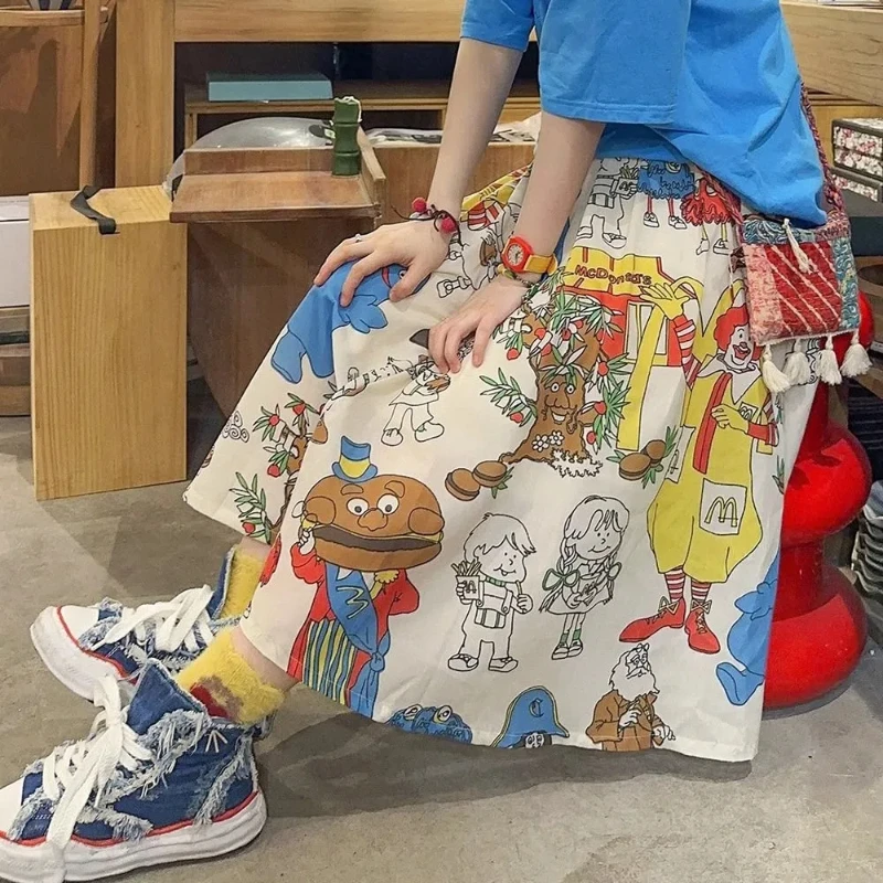 Sommer Neue Elastische Taille Cartoon-Muster Druck Lose A-linie Rock Casual Alle-spiel Jugend Rock Vintage-Mode Frauen Kleidung Image