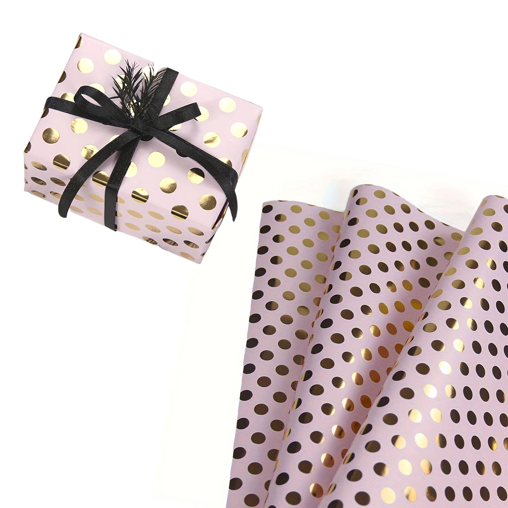 1 Rolle Geschenkpapier zum Geburtstag, gepunktet, Geschenkpapierrolle, rosa weißes Punktmuster mit Goldfolie – 17 Zoll x 118 Zoll (9,8 Fuß) Image