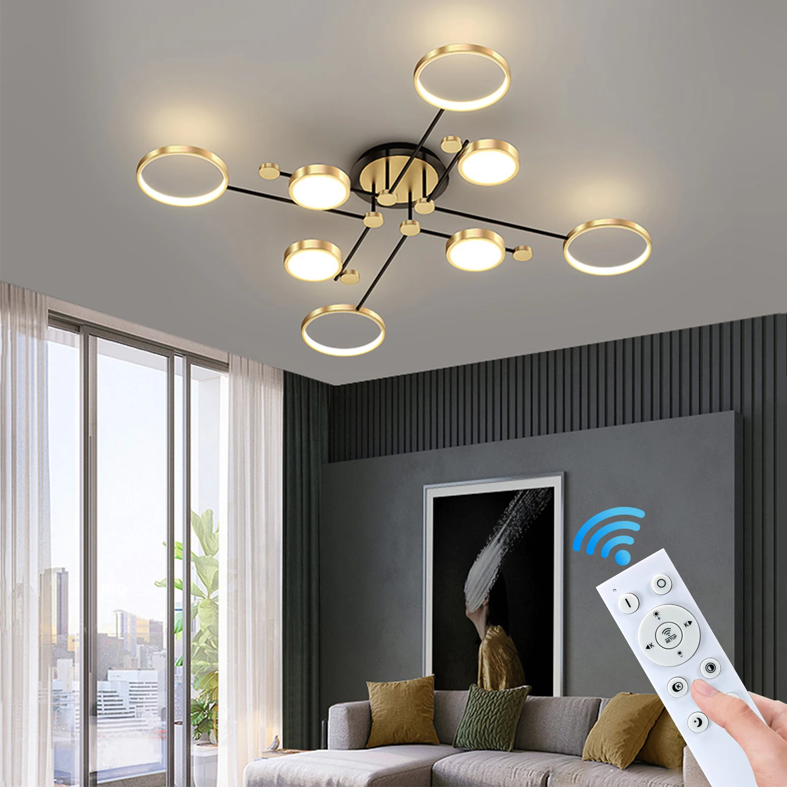 Nordic Anhänger Licht Gold Schwarz Decke Kronleuchter Dimmen Fernbedienung Leuchte Schlafzimmer Wohnzimmer LED Hängen Lampe