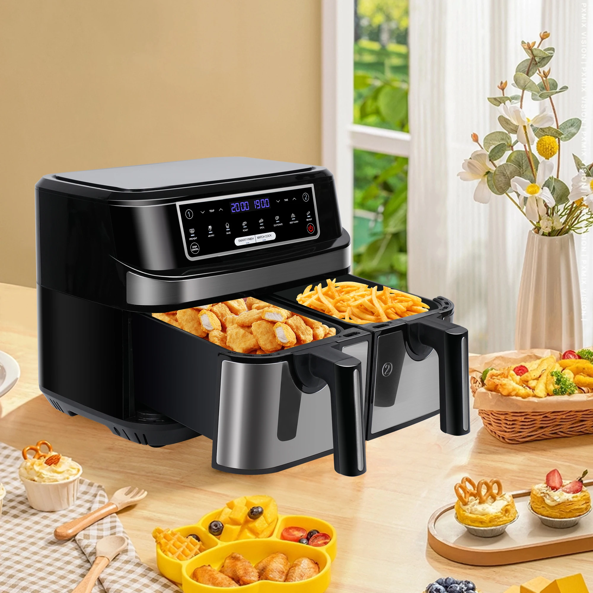 Heißluftfritteuse, Doppelkammer, 9 Liter, XXL-Luftfritteuse mit 2 unabhängigen 4,5 l Schubladen, 8 automatische Programms mit LED-Touchscreen Image