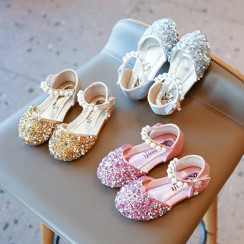 Mädchen Sprincess Schuhe Pailletten Perle Gold Rosa Sommer Kinder Sandalen Abdeckung Zehen 21-36 Kleinkind Mode Party Tanz Kinder Wohnungen Image