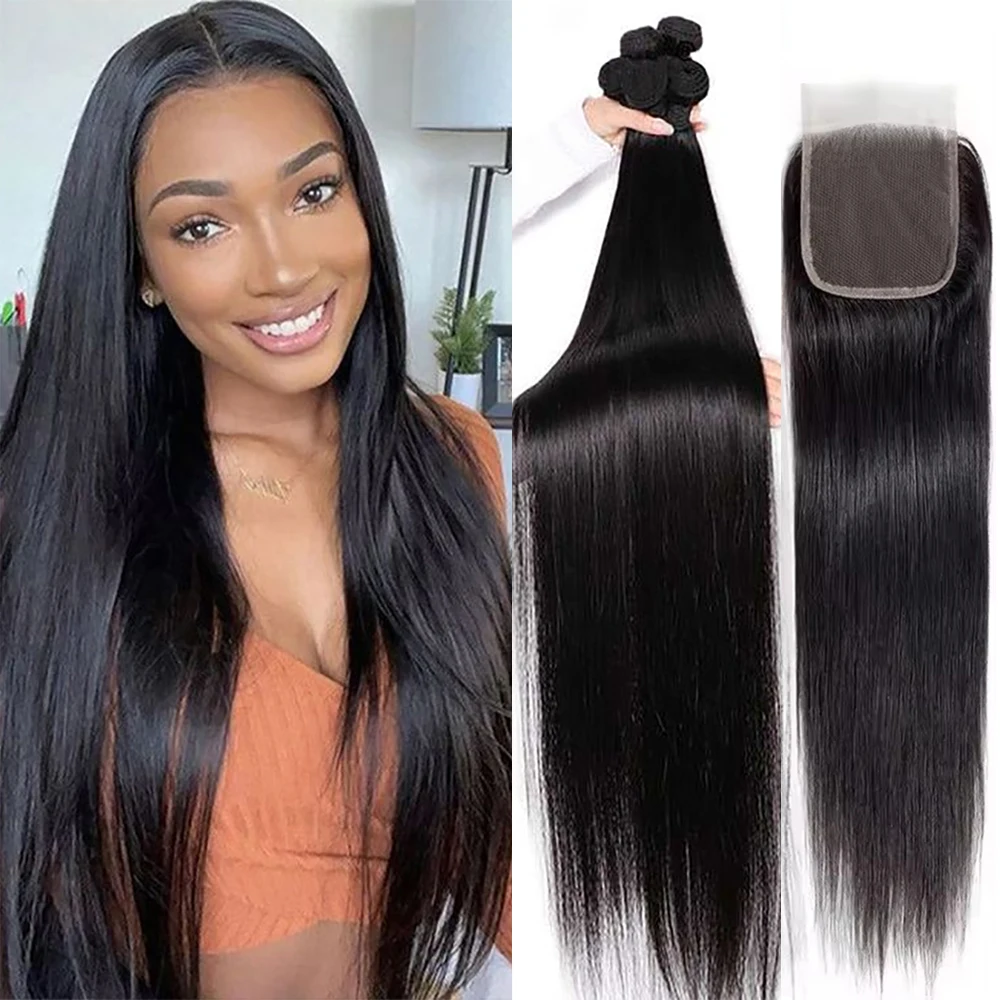 Glattes menschliches Haar Bündel und Verschluss 4x4 5x5 6x6 brasilia nisches rohes Haar weben Bündel 100% menschliches Haar dick weich 3-7 Tage Lieferung Image