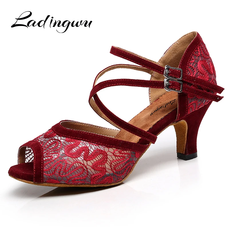 Ladingwu Spitze Latin Dance Schuhe Für Frau Ballsaal Tanzen Schuhe Für Frauen Salsa Leistung Dance Schuhe Für Rot Schwarz Braun