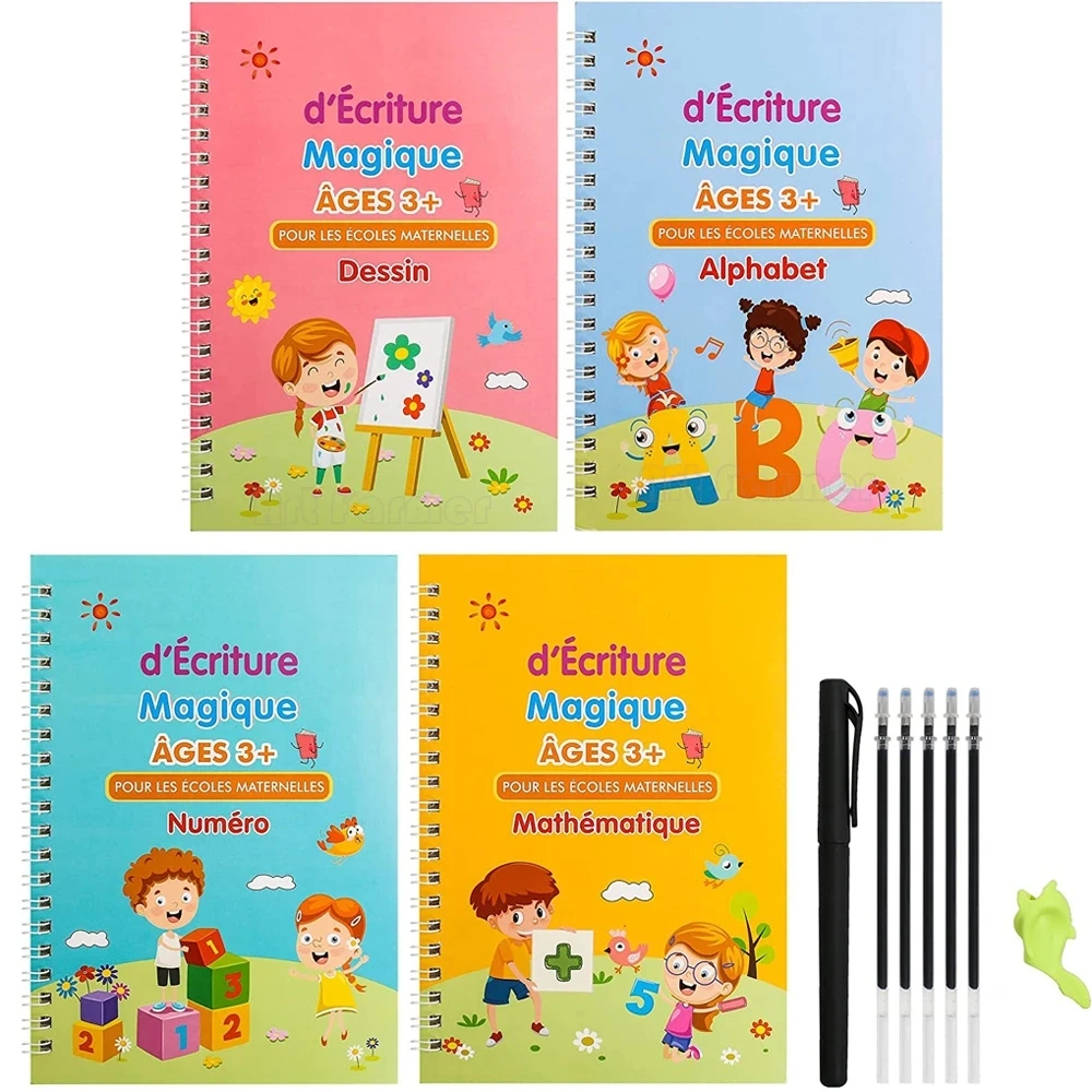 4 Buch/Set Französisch Magie Schreib buch für Kinder Notizbücher Mathematik Montessori Kalligraphie lernen, 3D Französisch Kopie Buch zu schreiben Image