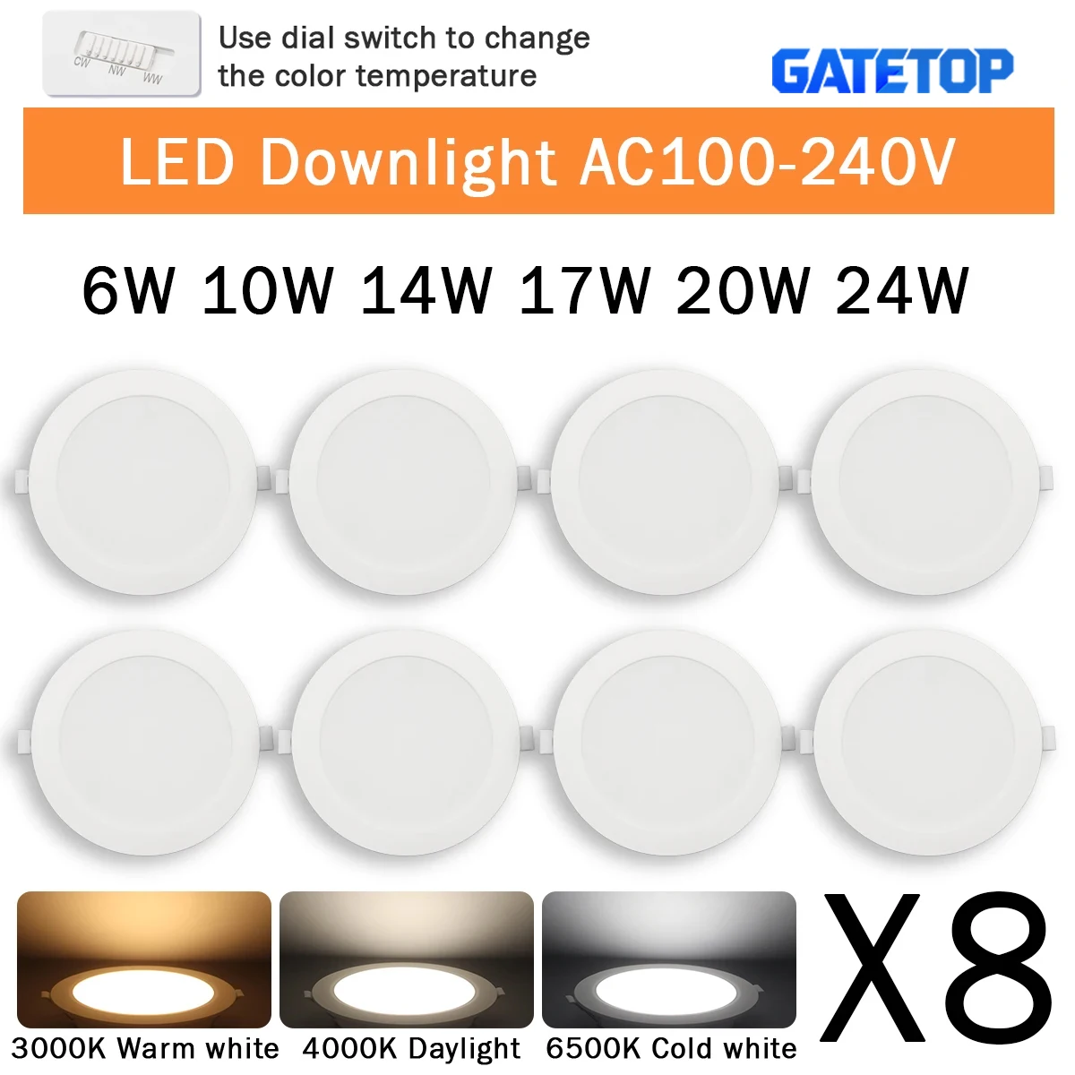 8 Stück LED-Einbauleuchten AC100-240V 3 CCT LED-Deckenspots 6W 10W 14W 17W 20W 24W Einbau-Downlights Kaltweiß Warmweiß Lampe