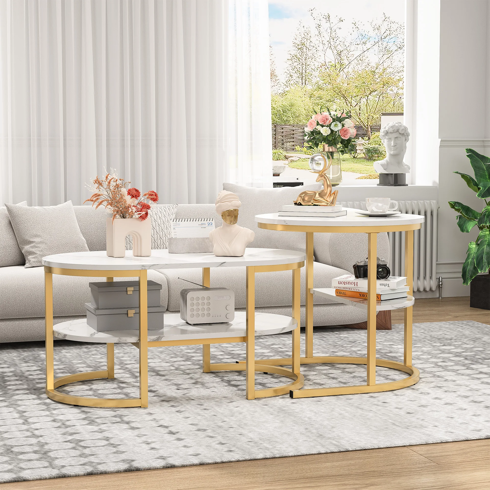 Rosahqnda Moderner 2er-Set Sofatische mit großen Stauraumflächen, Tischplatte mit Marmormuster und stabilen Metallständer Image