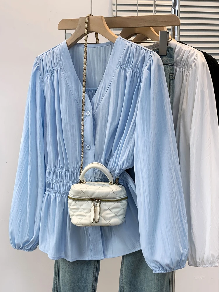 2026 V-Ausschnitt Langarm Übergröße Hemd Locker Plissiert Rüschen Oversized Oberteil Damen Schick Elegant Einfarbig Vielseitige Bluse Image