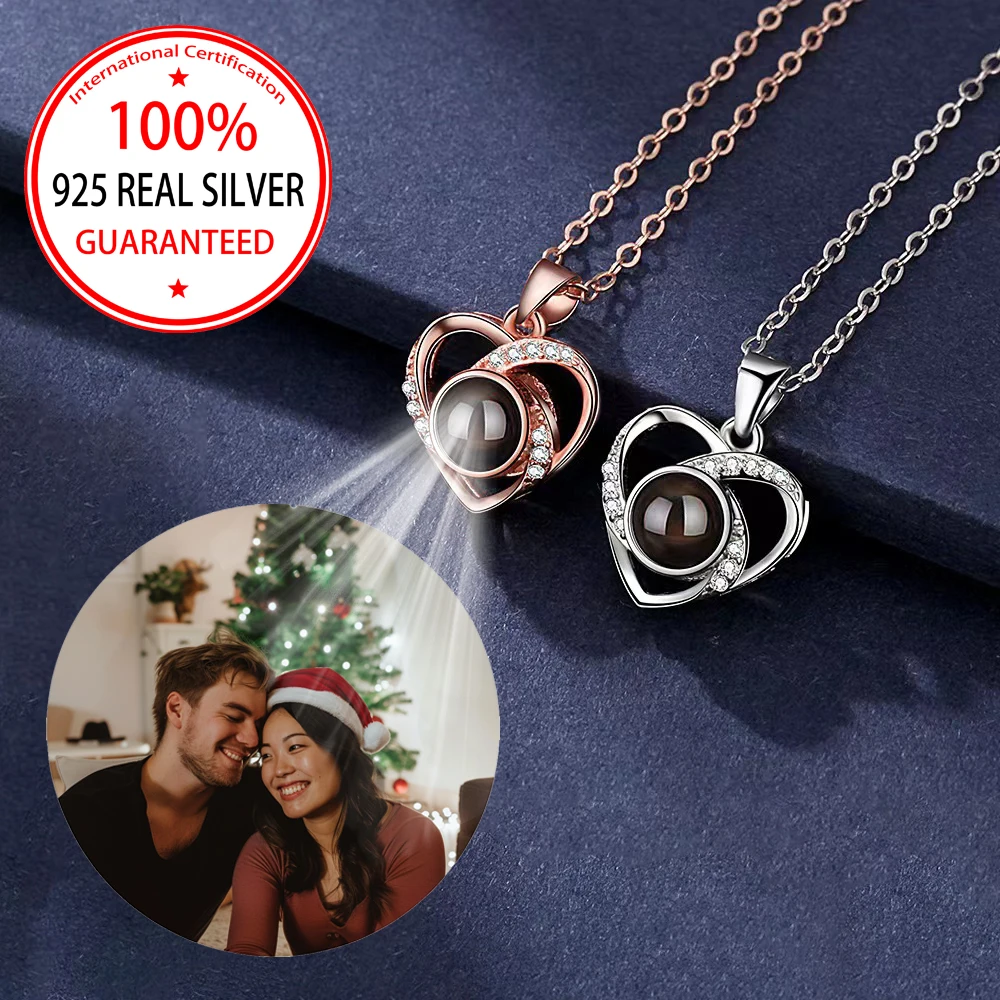S925 Sterling Silber Benutzerdefinierte Farbe Bild Projektion Halskette Herz Anhänger Für Mama Freundin Valentinstag Geburtstag Romantische Geschenke Image