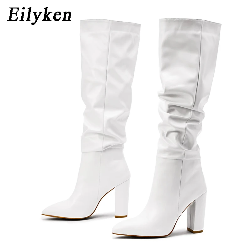 Mode Plissee Frauen Kniehohe Stiefel Sexy Spitz Platz Heels Damen Lange Weibliche Weiß Schwarz Schuhe größe 35-42