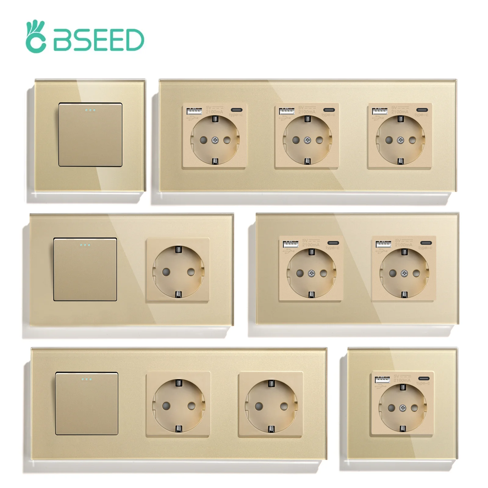 BSEED 1/2/3 Gang mechanischer Wandlichtschalter 1-Wege mit Steckdosen USB Typ-C Ladeanschlüssen EU-Standard Glasscheibe Gold Image