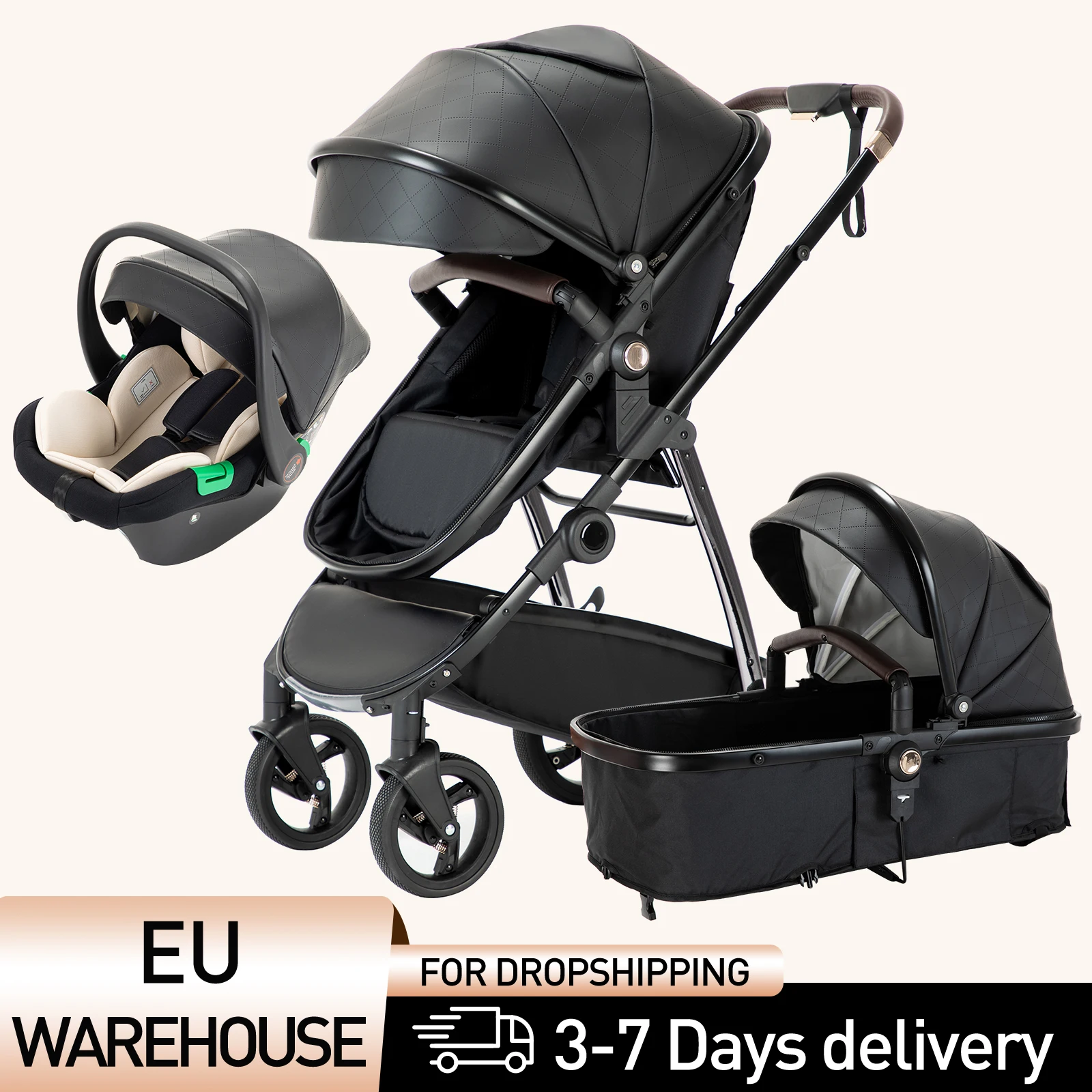 3-in-1 Baby-Kinderwagen, tragbarer, luxuriöser Reisekinderwagen, Hochlandschafts-Klappkinderwagen, Aluminiumrahmen, PU-Leder