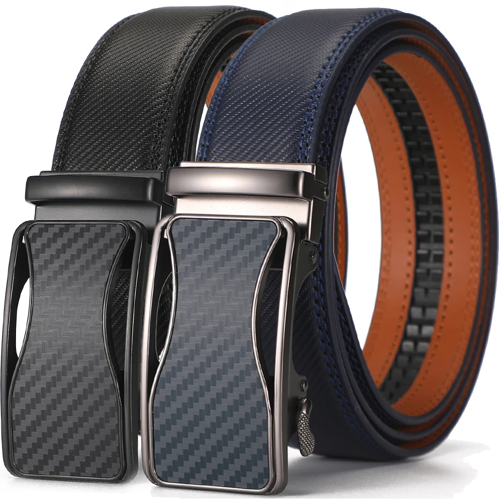 Ratschengürtel mit automatischer Schnalle für Herren, Schwarz/Blau, Kohlefaser-Muster, Gürtel für Herren, Leder, Herren-Hüftgurt, formelle Luxusmarken Image