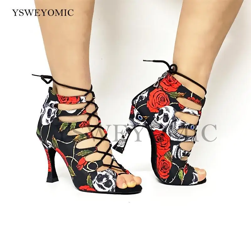 2021 frühling Sommer Stil Salsa Bachata Dance Schuhe Mädchen Halloween Schädel Latin Dance Boot 9cm Ferse Frauen Latin Dance schuhe