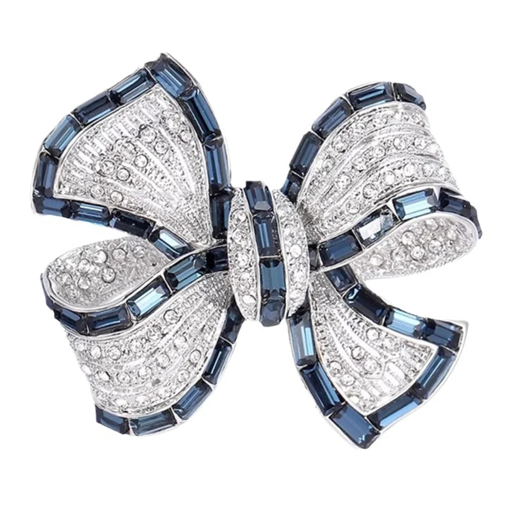 2024 Trendy Kristall OL Vintage Blau Bowknot Broschen für Frauen Luxus Design Elegante Casual Büro Brosche Pins Für Mädchen