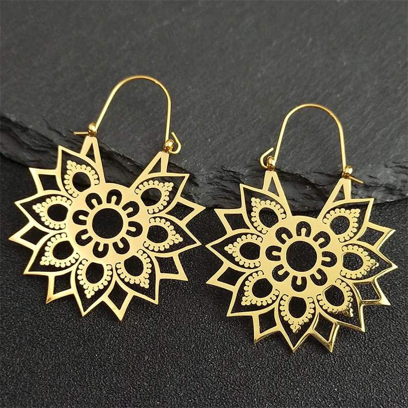Trendy Yoga Lotus Blume Ohrringe Edelstahl Gold Farbe Creolen für Frauen Schmuck boucles d'oreilles E9360S01