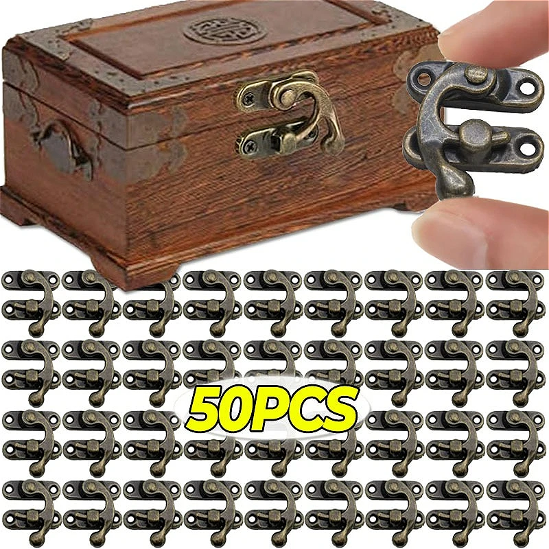 Antike Holzkiste, Schmuckschatulle, dekorative Hupenschlösser, Metallschienen, Riegel mit Schraube, Vintage-Möbel-Hardware-Zubehör
