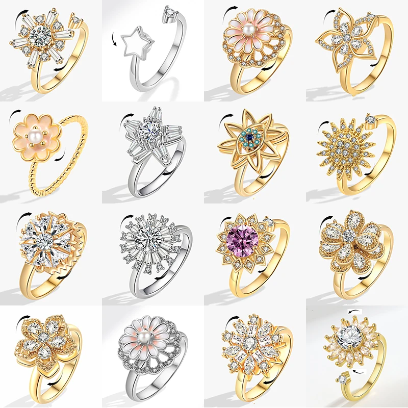 SMJEL Luxuriöse Kristall-Angstlöse-Drehringe für Frauen, niedlicher Sakura-Gänseblümchen-Rosen-Blumen-Drehring, Anti-Stress-Geschenk Image
