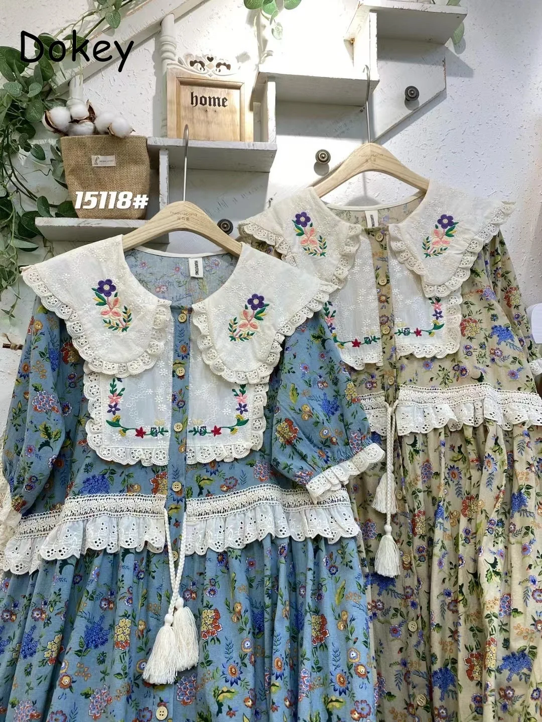 Vintage Stickerei Kunstdruck Kawaii Kleid Frauen japanische Mori Mädchen Peter Pan Kragen Patchwork Baumwolle Leinen Kleid lose Vestidos