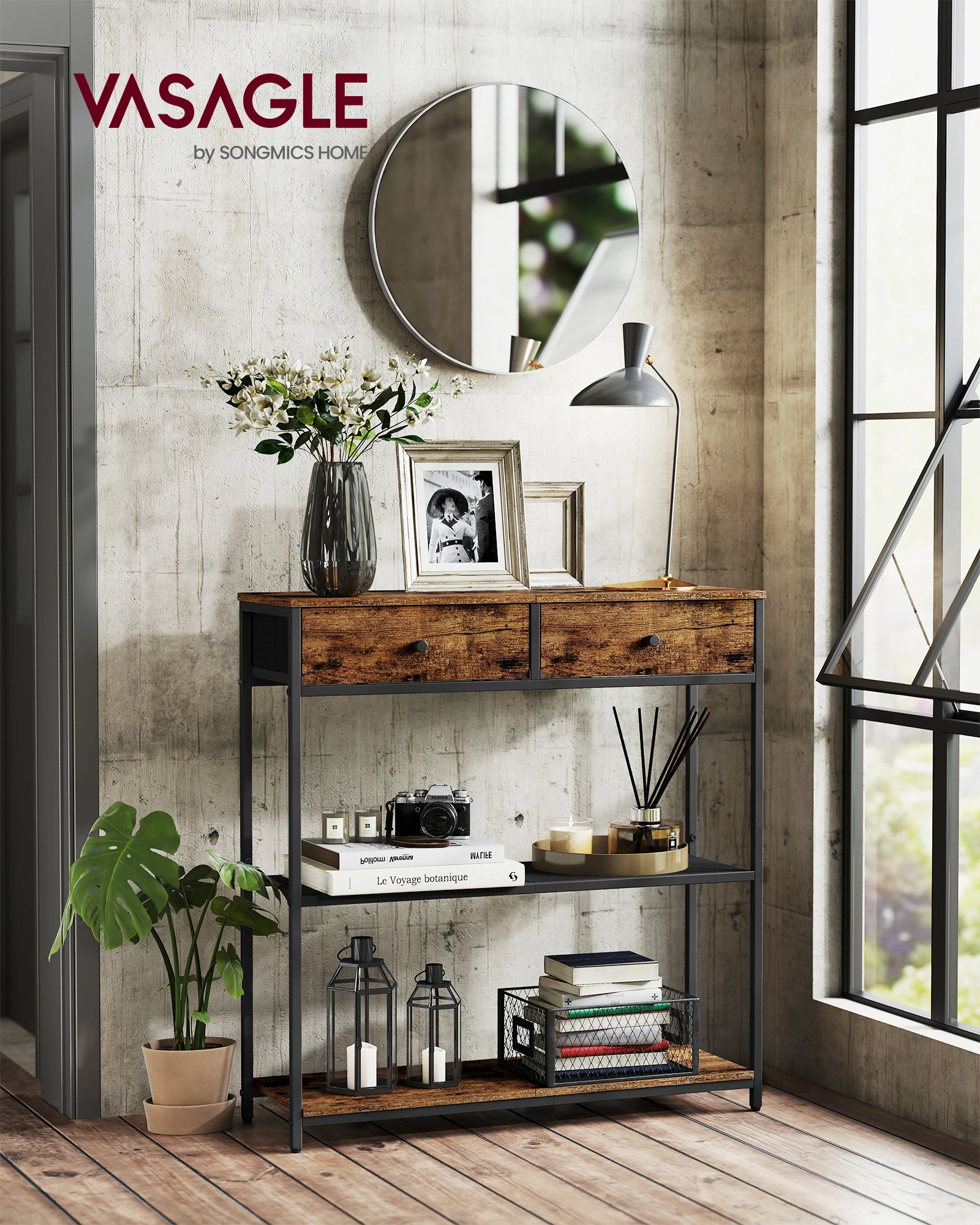 VASAGLE Konsolentisch schmal, Beistelltisch mit 2 Stoffschubladen, Flurtisch, 24 x 76 x 80 cm, für Flur, Wohnzimmer