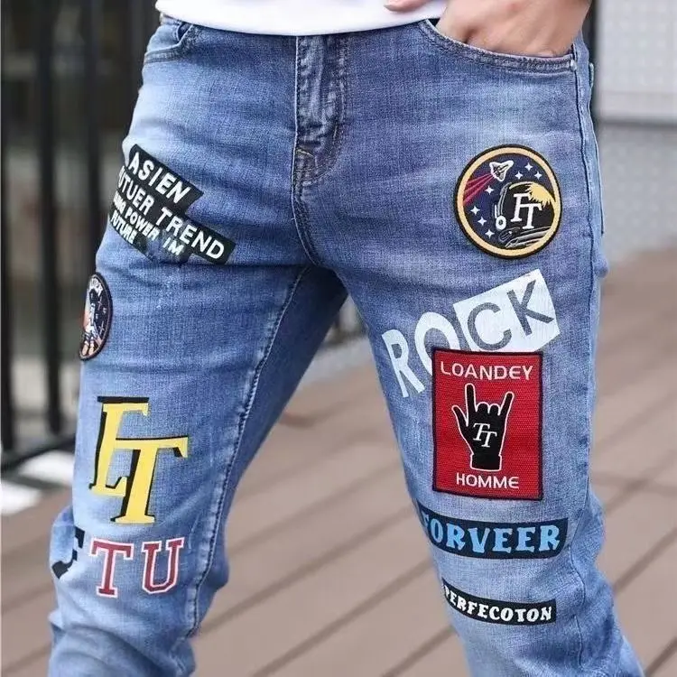 Neue Jeans Dünnes Streetwear 90s Hip Hop Dünne Grafik Designer Kleidung Original Cowboy Casual Stretch Stickerei Hose für Männer Image