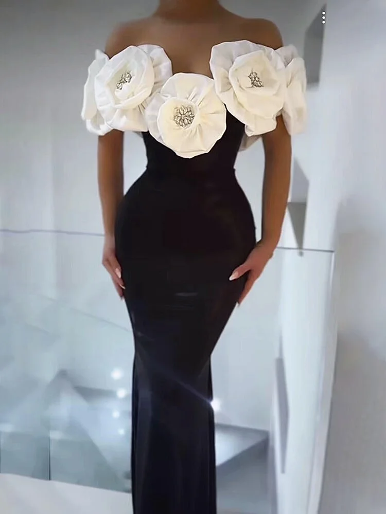 Mode Große Weiße Blumen Frauen Sexy Weg Von der Schulter Bodycon Lange Verband Kleid Feiern Abend Party Geburtstag Kleid