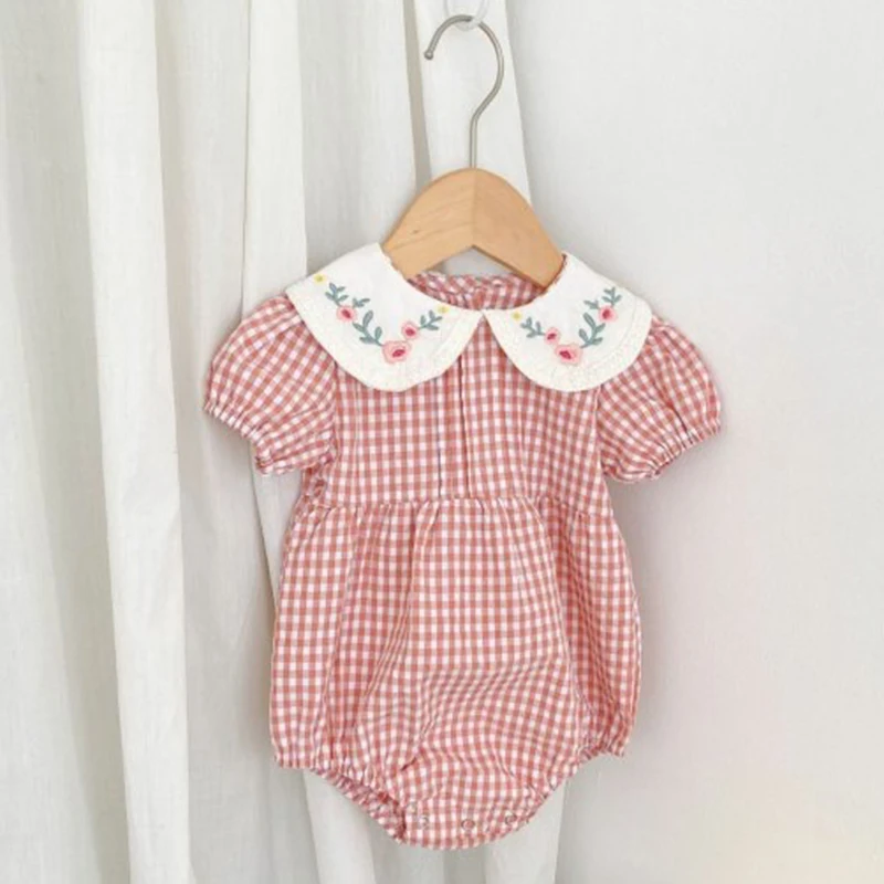 2024 Kleinkind Baby Mädchen Strampler Stickerei Body Mädchen Overalls Prinzessin Mädchen Rosa Gitter Strampler Kleinkind Sommer Kleidung Image