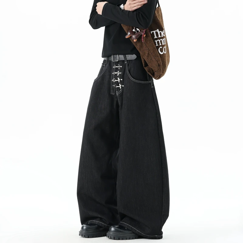 Herren Schwarze Baggy Jeans Übergroße Weite Bein Denim-Hose mit Metallschnallen-Detail Streetwear Y2K Gothic Punk Hosen Gothic