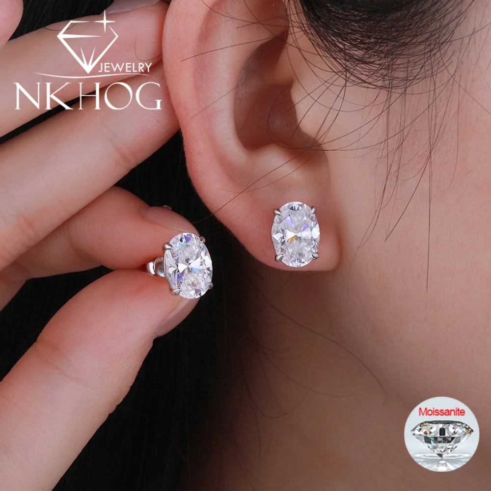 NKHOG 1-4CT Oval Moissanit Ohrstecker S925 Silber Funkelnden Diamanten Ohrstecker Für Frauen Männer Hochzeit 18K Überzogene Schmuck GRA Image
