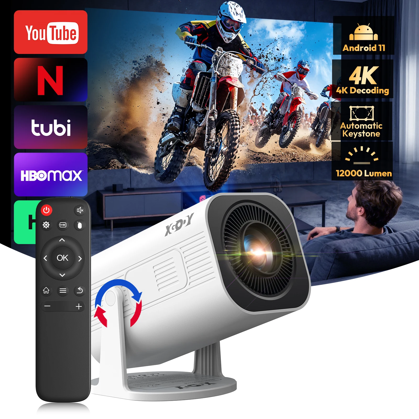XGODY Gimbal 3 Projektor 4K Wifi6 Android Mini Beamer 300 ANSI Dual WIFI BT5.4 1280*720P Heimkino Outdoor Tragbare