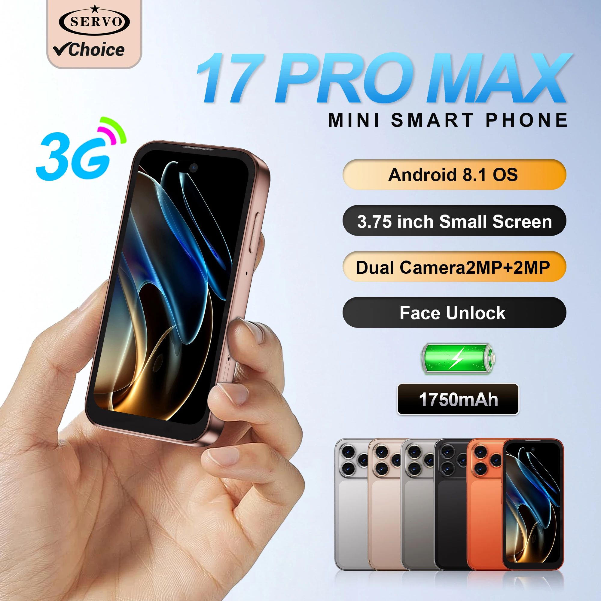SERVO 17 PRO MAX Mini-Smartphone 3,75 Zoll Fullview-Display 3G Mobilfunk Dual-SIM Android Kleines Smart-Handy Gesichtserkennung GPS Image