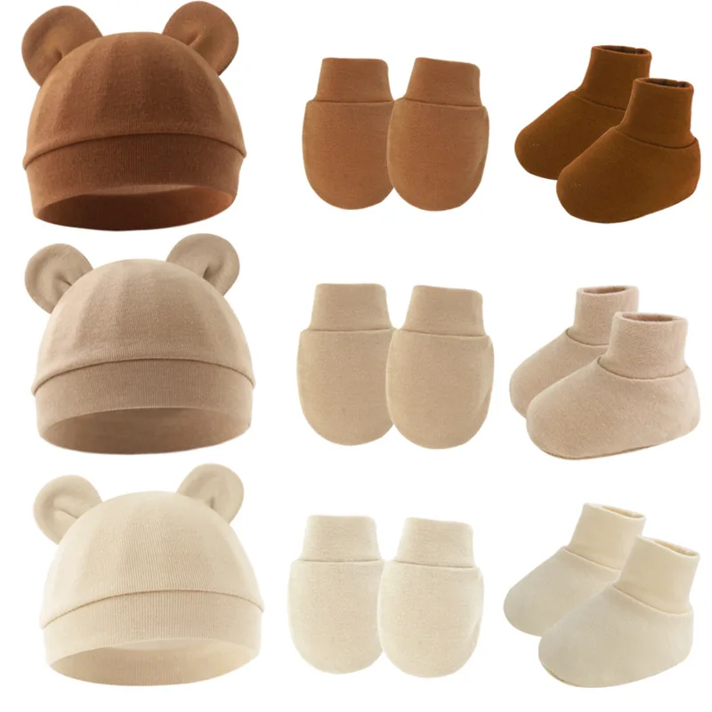 Infant Anti Kratzer Handschuhe Fuß Abdeckung Set Einfarbig Neugeborenen Hut Gesicht Schutz Fäustlinge Footguard Socken Kits Neue Geboren Geschenk Image