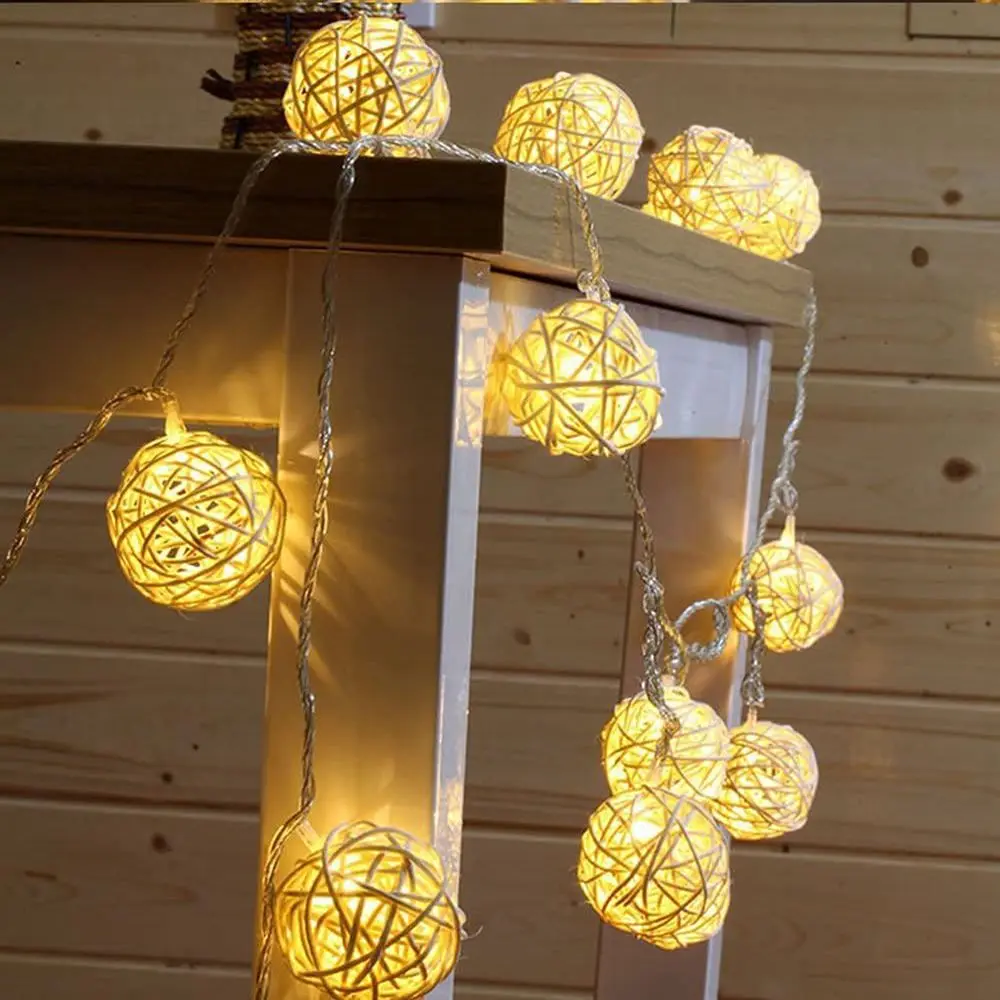1 Strang 3 m/6 m 20/40 LED-Rattan-Kugelleuchte für Weihnachten, Geburtstagsfeier, Schlafzimmerdekoration, batteriebetriebene warme Lichterkette