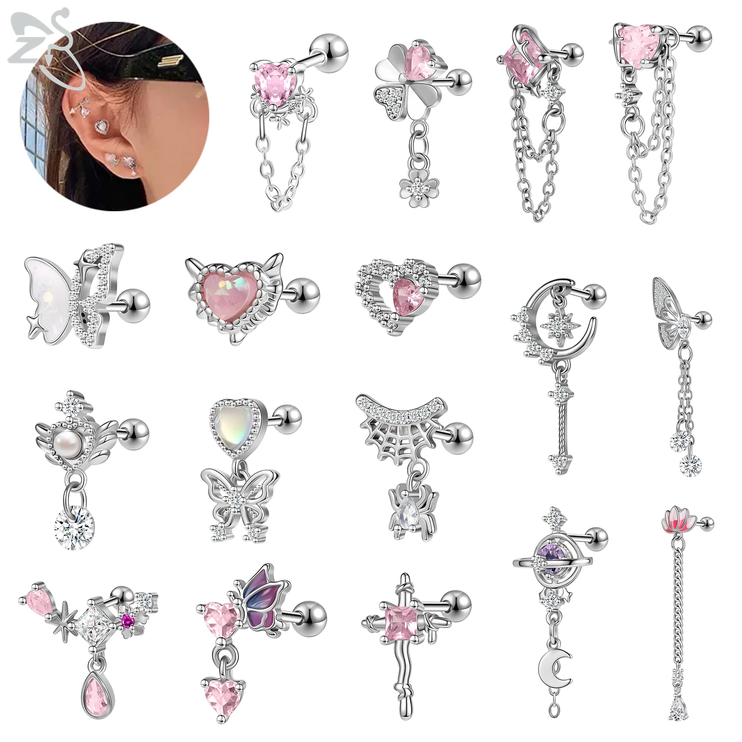ZS 1 Stück 20 g süßer Herz-Ohrstecker für Kinder und Frauen, rosa CZ-Kristall-Ohrringe, Ohrknorpel, Helix, Conch-Piercing-Schmuck