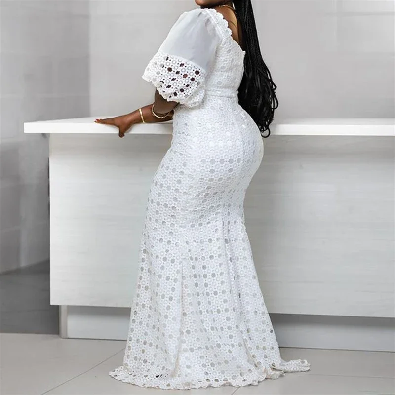 Weiß Frauen Kleid Bodycon Lange Maxi Robe Afrikanische Hohe Taille Trompete Femme Vestiods Plus Größe Kleider S-5XL